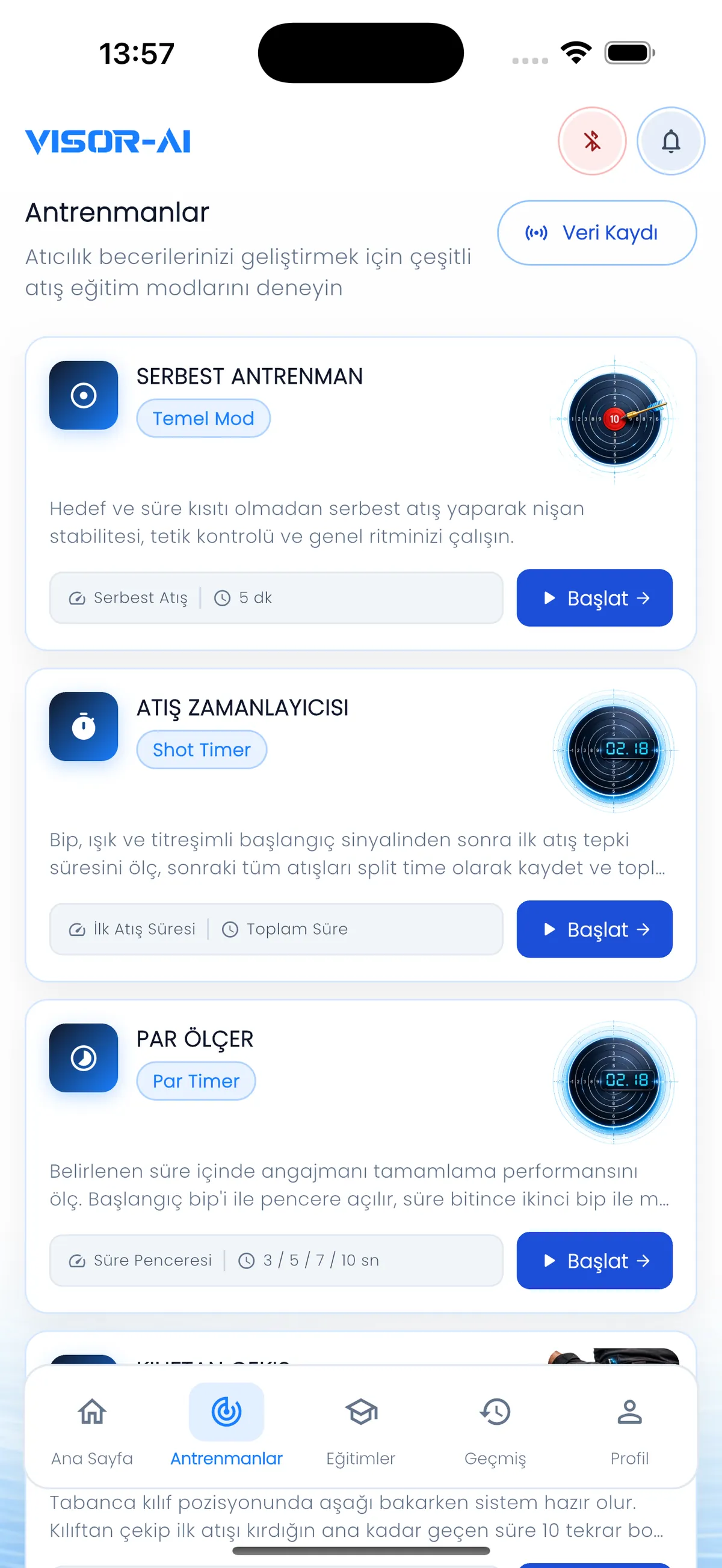 Atış zamanlayıcısı modunu içeren VISOR App antrenman menüsü
